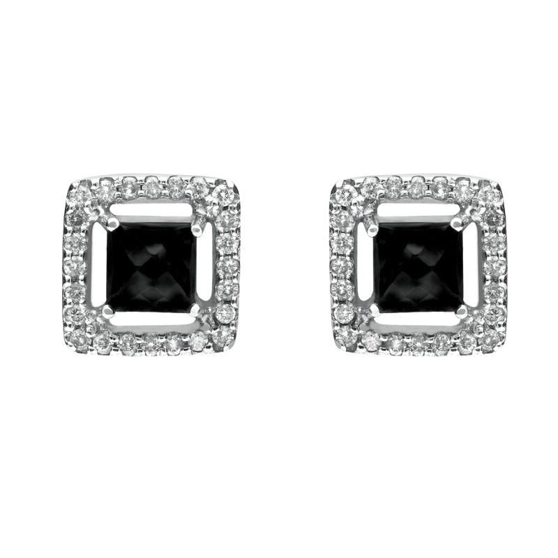 18CT White Gold Whitby Jet 0.38ct Diamond Faceted Square Earrings E1072