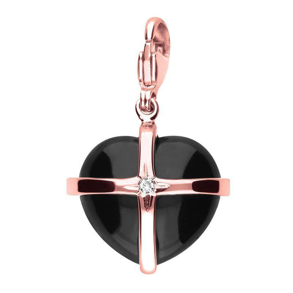 9ct Rose Gold Whitby Jet One Diamond Large Cross Heart Charm G773