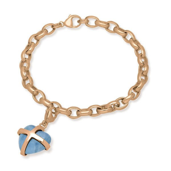 18ct Rose Gold Aquamarine Medium Cross Heart Charm Bracelet, B1210