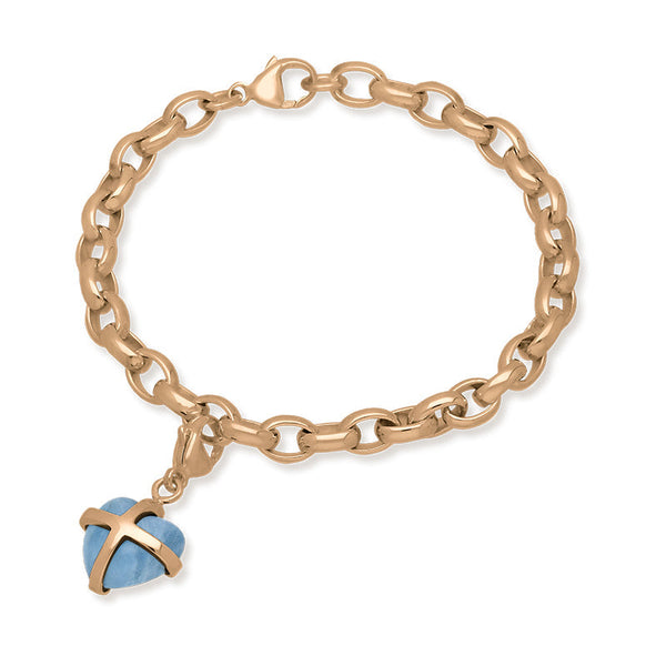 18ct Rose Gold Aquamarine Small Cross Heart Charm Bracelet, B1209