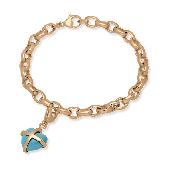 18ct Rose Gold Turquoise Small Cross Heart Charm Bracelet, B1209