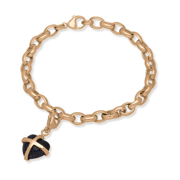18ct Rose Gold Whitby Jet Small Cross Heart Charm Bracelet, B1209