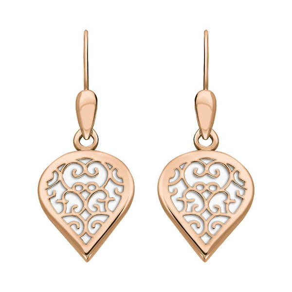 18ct Rose Gold Bauxite Flore Filigree Heart Drop Earrings. E2588.