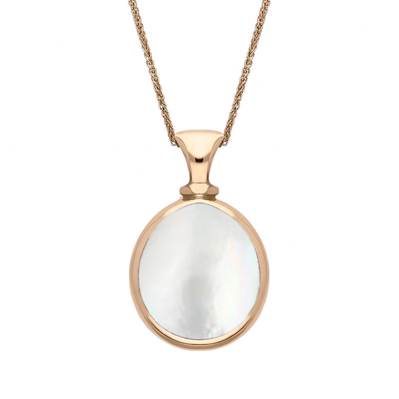 18ct Rose Gold Blue John White Mother Of Pearl Small Double Sided Pear Fob Necklace, P220.