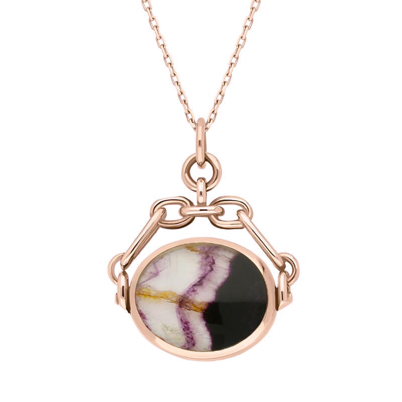 18ct Rose Gold Blue John White Mother Of Pearl Double Sided Swivel Fob Necklace, P209.