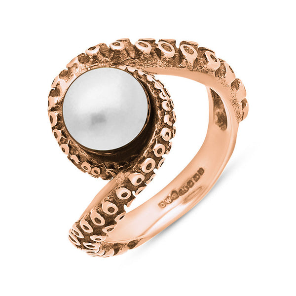 18ct Rose Gold Freshwater Pearl Bead Twist Tentacle Ring, R1185.