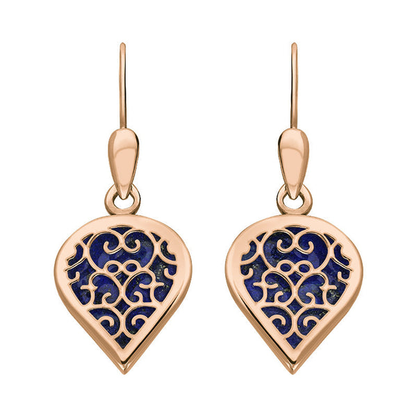 18ct Rose Gold Lapis Lazuli Flore Filigree Heart Drop Earrings. E2588.