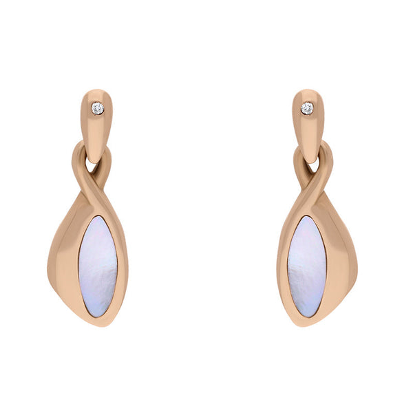 18ct Rose Gold Mother Of Pearl 0.02ct Diamond Pebble Shape Drop Earrings, E338.