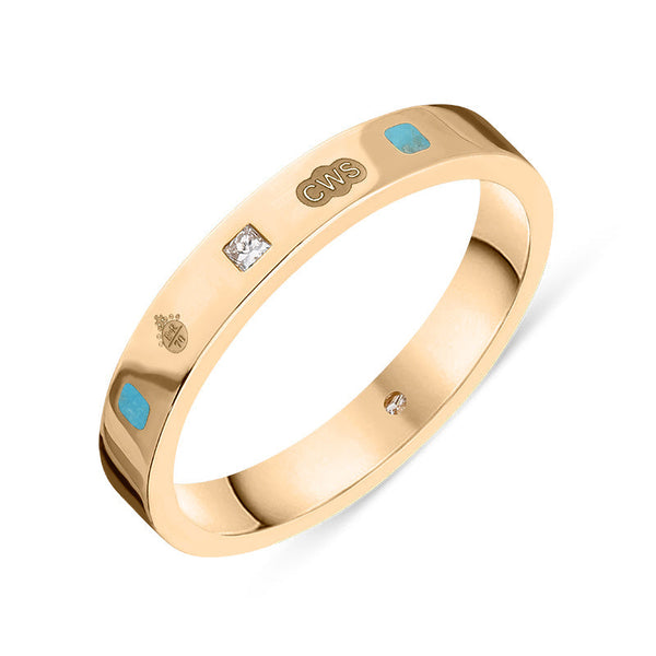 18ct Rose Gold Turquoise Diamond Jubilee Hallmark Collection Princess Cut 3mm Ring, R1199_3_JFH