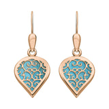 18ct Rose Gold Turquoise Flore Filigree Heart Drop Earrings. E2588.