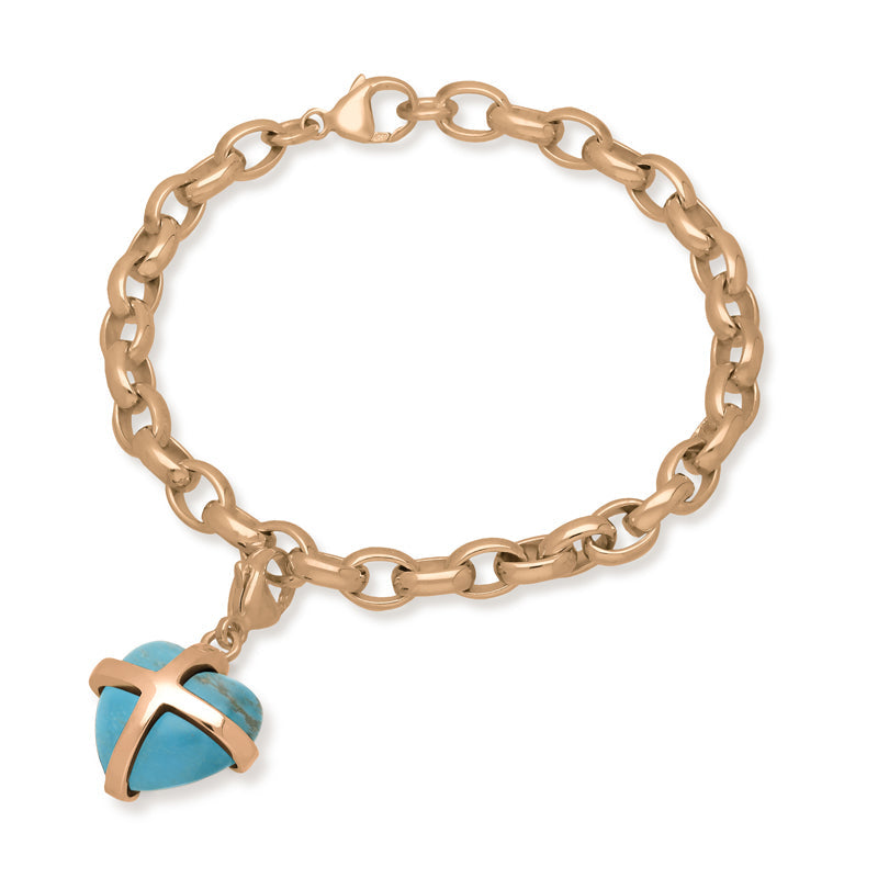 18ct Rose Gold Turquoise Medium Cross Heart Charm Bracelet, B1210