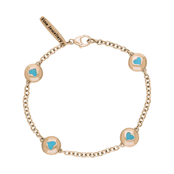 18ct Rose Gold Turquoise Oval Heart Detail Four Stone Bracelet, B797.