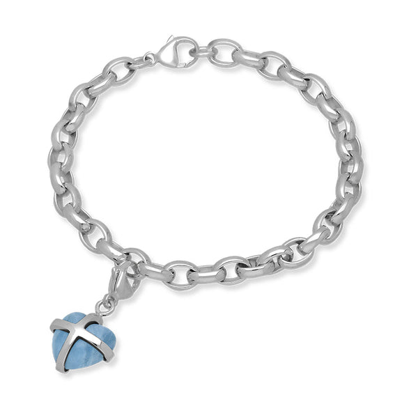 18ct White Gold Aquamarine Small Cross Heart Charm Bracelet, B1209