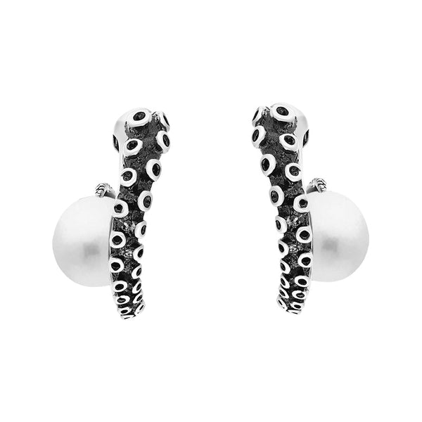 18ct White Gold Freshwater Pearl Tentacle Hoop Earrings, E2462.