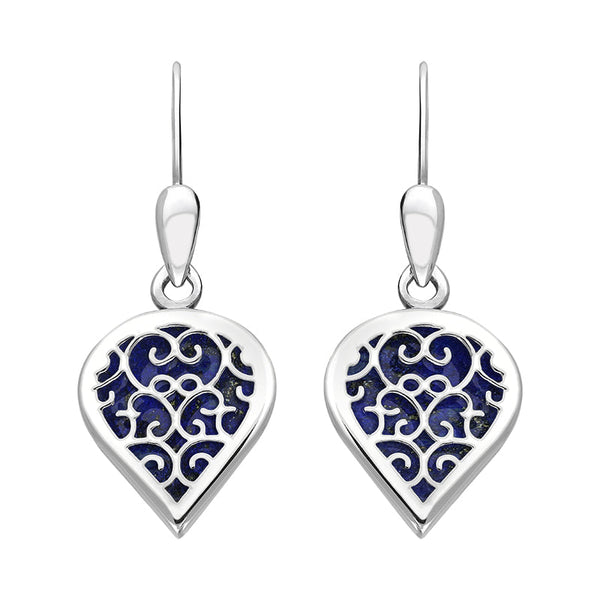 18ct White Gold Lapis Lazuli Flore Filigree Heart Drop Earrings. E2588.
