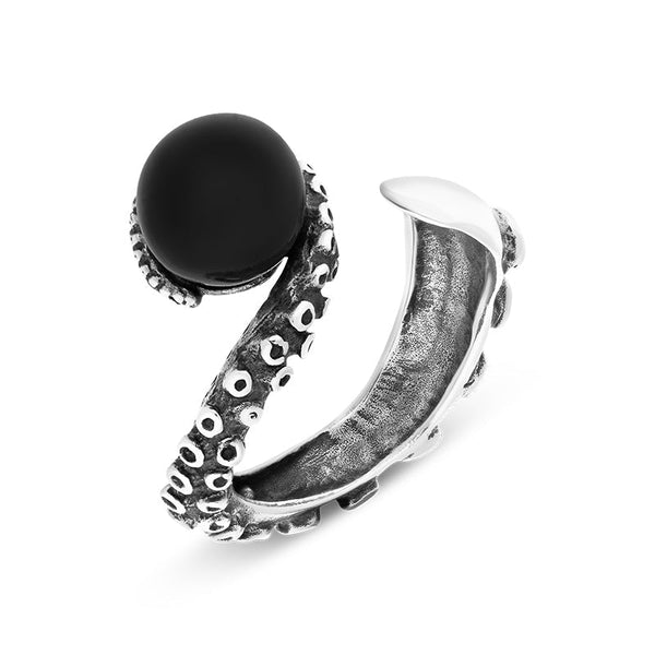 18ct White Gold Whitby Jet Bead Swirl Tentacle Ring, R1184.