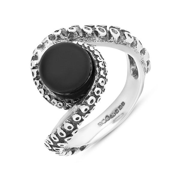 18ct White Gold Whitby Jet Bead Twist Tentacle Ring, R1185.