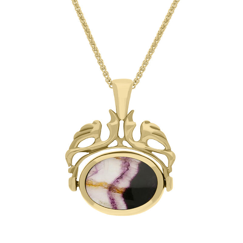 18ct Yellow Gold Blue John Mother Of Pearl Double Sided Oval Swivel Fob Necklace, P104_4.