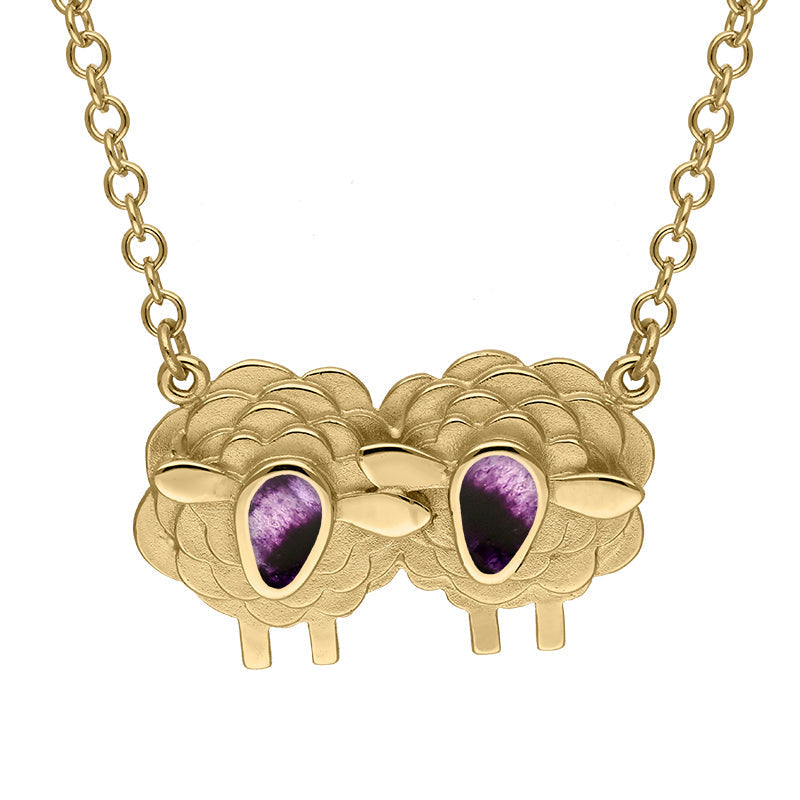 18ct Yellow Gold Blue John Two Large Sheep Necklace, N1140.