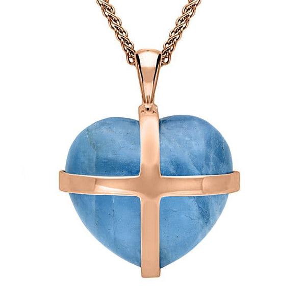 18ct Rose Gold Aquamarine Large Cross Heart Necklace, P1542.