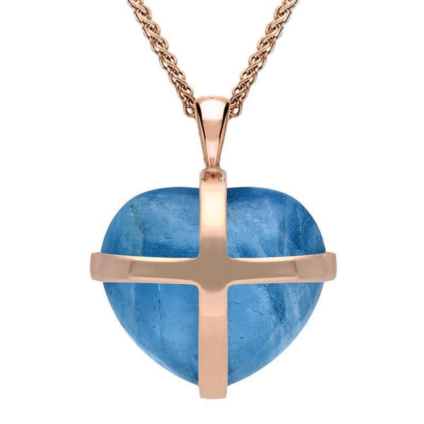 18ct Rose Gold Aquamarine Medium Cross Heart Necklace, P1543.
