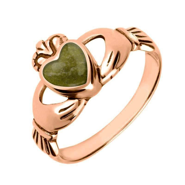 18ct Rose Gold Connemara Green Marble Claddagh Set Ring, R074