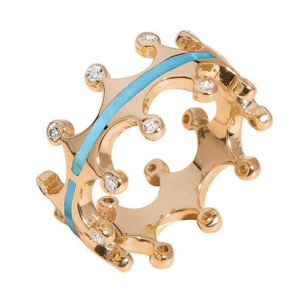 18ct Rose Gold Turquoise Diamond Tiara Double Band Ring. R1234.
