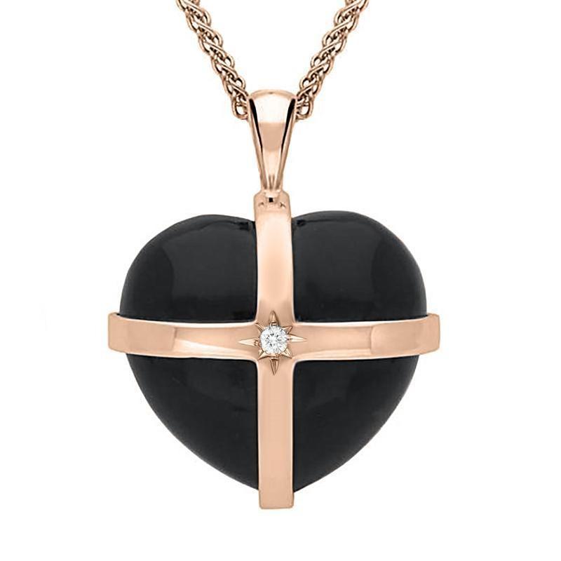 18ct Rose Gold Whitby Jet Diamond Large Cross Heart Necklace, P2652.