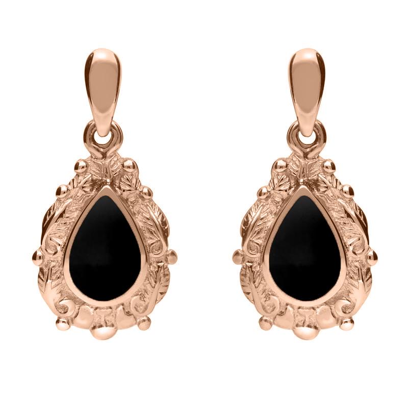 18ct Rose Gold Whitby Jet Pear Shaped Leaf Drop Earrings, E083.