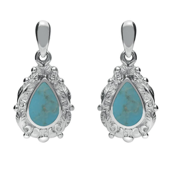 18ct White Gold Turquoise Pear Shaped Leaf Drop Earrings, E083.
