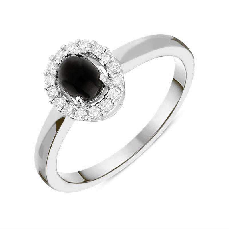 18ct White Gold Whitby Jet 0.12ct Diamond Oval Cluster Ring, R883.