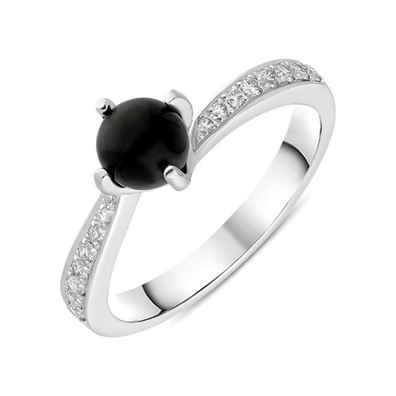 18ct White Gold Whitby Jet 0.16ct Diamond Tapered Shoulder Ring, R1028.