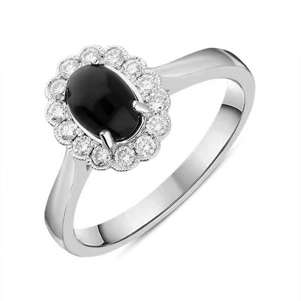 18ct White Gold Whitby Jet 0.22ct Diamond Oval Ring. R1024.