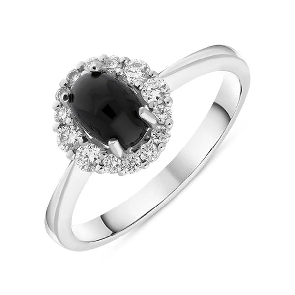 18ct White Gold Whitby Jet 0.25ct Diamond Oval Centre Ring. R1021.
