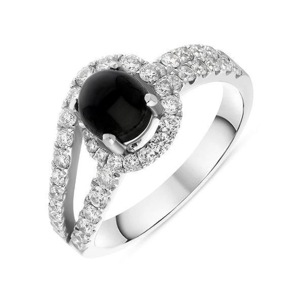 18ct White Gold Whitby Jet 0.89ct Diamond Swirl Top Double Shoulder Ring. R1025.