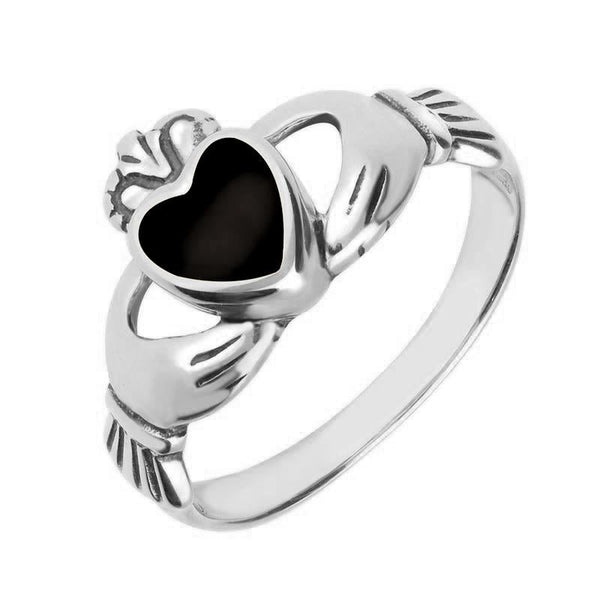 18ct White Gold Whitby Jet Claddagh Set Ring, R074