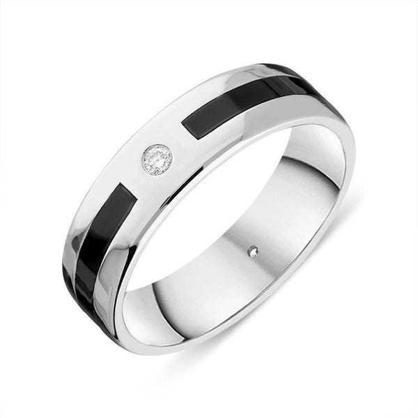 18ct White Gold Whitby Jet Diamond 6mm Patterned Wedding Band Ring, R1194_6.