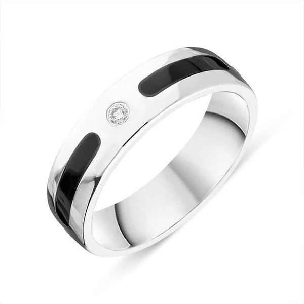 18ct White Gold Whitby Jet Diamond 6mm Patterned Wedding Band Ring