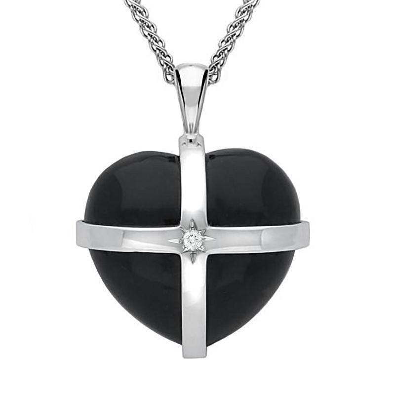 18ct White Gold Whitby Jet Diamond Large Cross Heart Necklace, P2652.