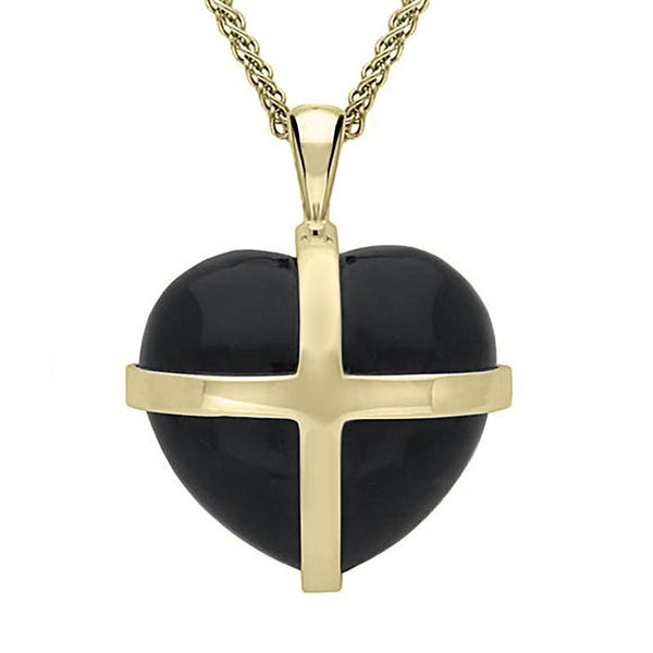 18ct Yellow Gold Whitby Jet Large Cross Heart Necklace, P1542.