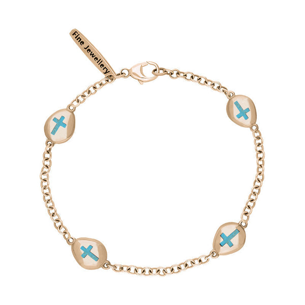 18ct Rose Gold Turquoise Oval Cross Detail Four Stone Bracelet, B799.
