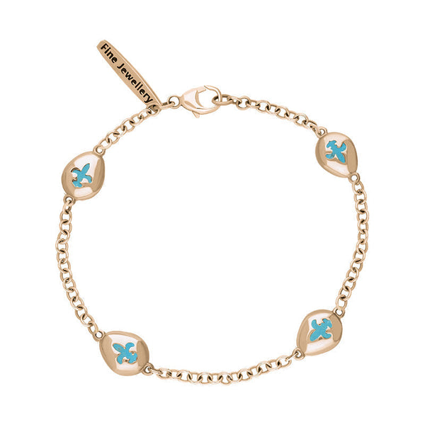 18ct Rose Gold Turquoise Oval Fleur De Lis Detail Four Stone Bracelet, B798.
