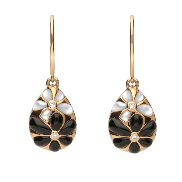 18CT ROSE GOLD WHITBY JET AND DIAMOND MOTHER OF PEARL FLOWER EARRINGS
