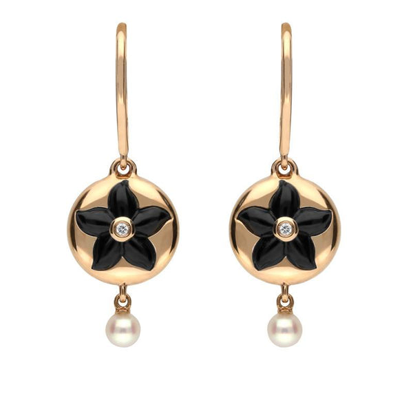 18ct Rose Gold Whitby Jet Diamond Pearl Flower Drop Earrings