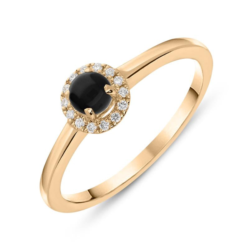 18ct Rose Gold Whitby Jet Diamond Round Cluster Ring. R1114.