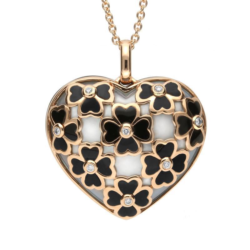 18ct Rose Gold Whitby Jet Mother of Pearl Diamond Clover Necklace, P3070.