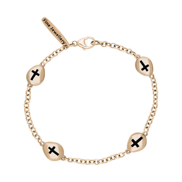 18ct Rose Gold Whitby Jet Oval Cross Detail Four Stone Bracelet, B799.18ct Rose Gold Whitby Jet Oval Cross Detail Four Stone Bracelet, B799.