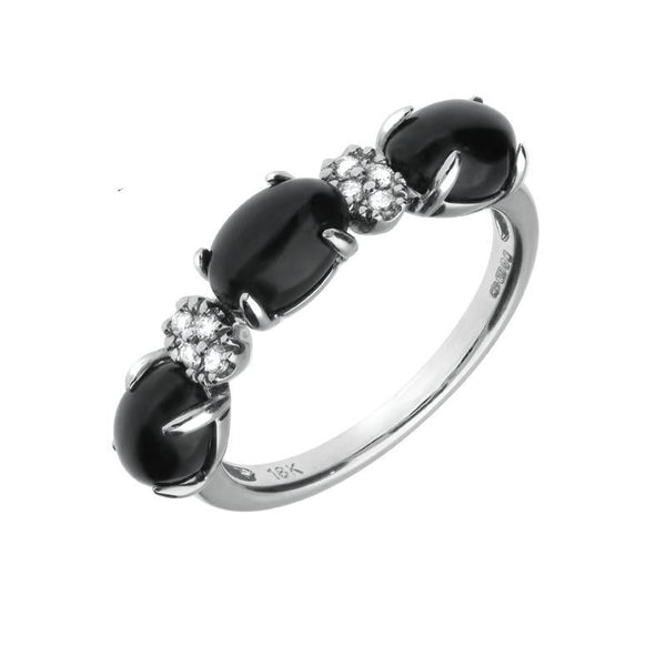18ct White Gold Whitby Jet 0.08ct Diamond 3 Stone Oval Ring R761