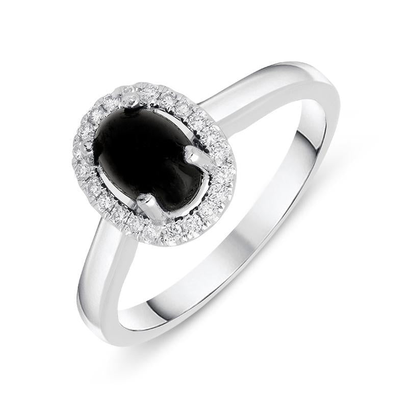 18ct White Gold Whitby Jet 0.12ct Diamond Oval Cluster Ring, R1152.