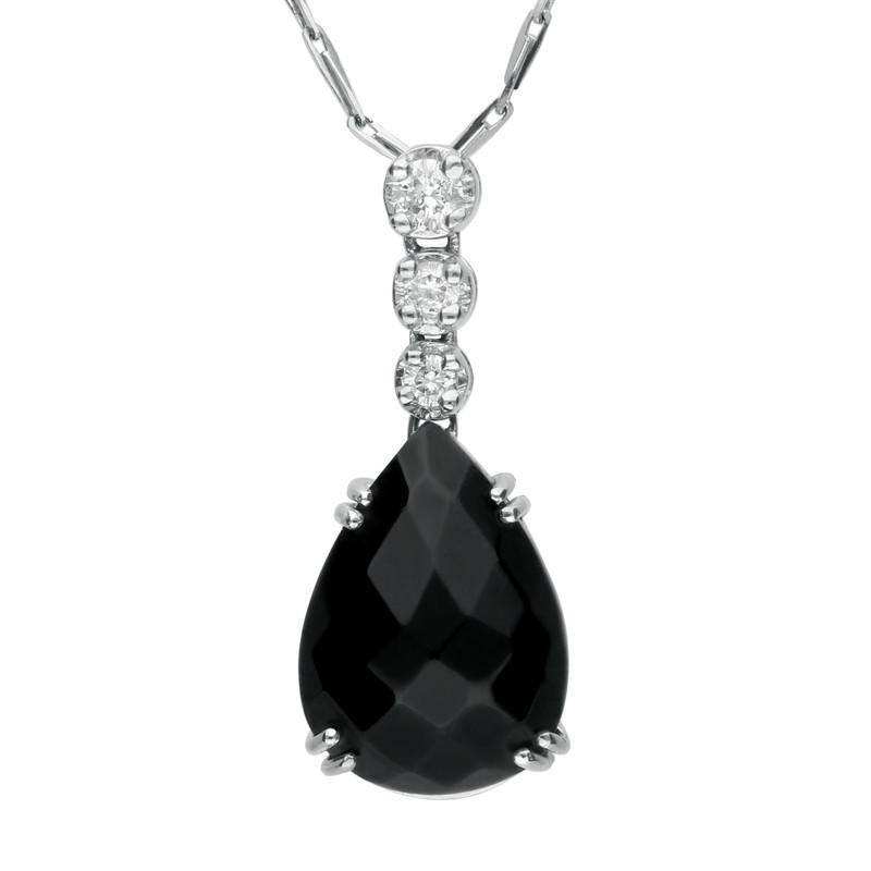18ct White Gold Whitby Jet 0.14ct Diamond Faceted Pear Necklace SH3_4